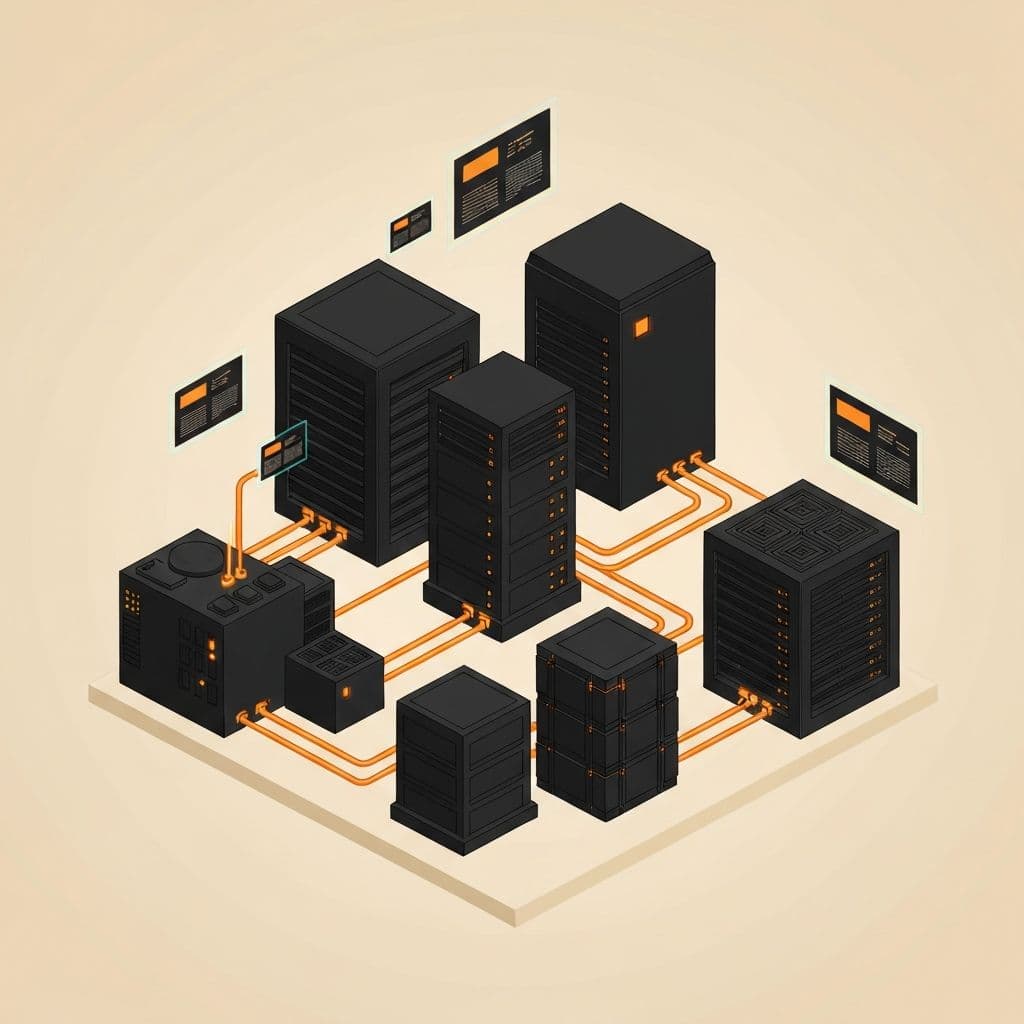 Isometric view of blockchain infrastructure with token deployment pipelines